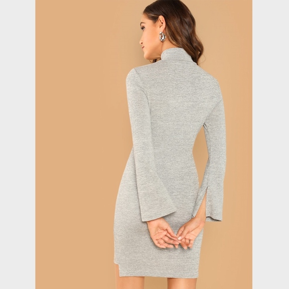 New! Mock Neck Marled Self-Tie Mini Dress Grey - Picture 5 of 6